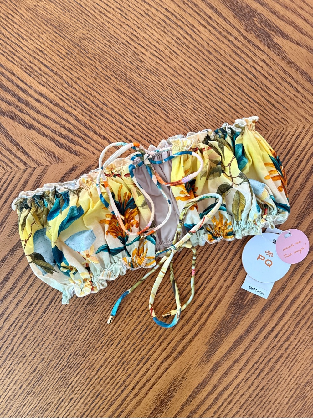 PQ SWIM Remi Ruched Bandeau Swim Top in Oasis Yellow Floral